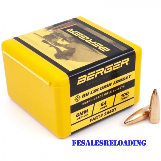 Berger 24407 Bullets 243 Cal 6mm Dia 64 Gr Target Br Column Hpfb 100 Ct