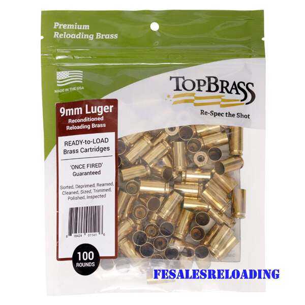 Top Brass 9mm Luger Once Fired Military Nato Unprimed Bag Of 100
